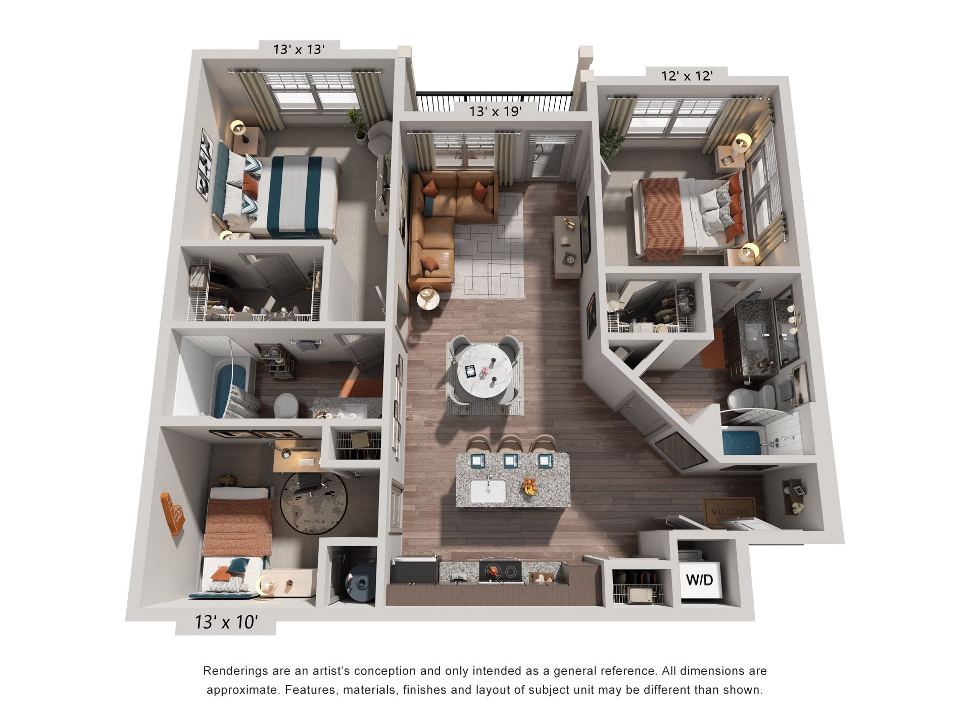 Floor plan for 2 beds, 2 baths, 1245 sqft